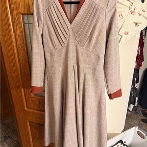 Taupe Long-Sleeve Midi Dress with Rust Trim Miss Candyfloss